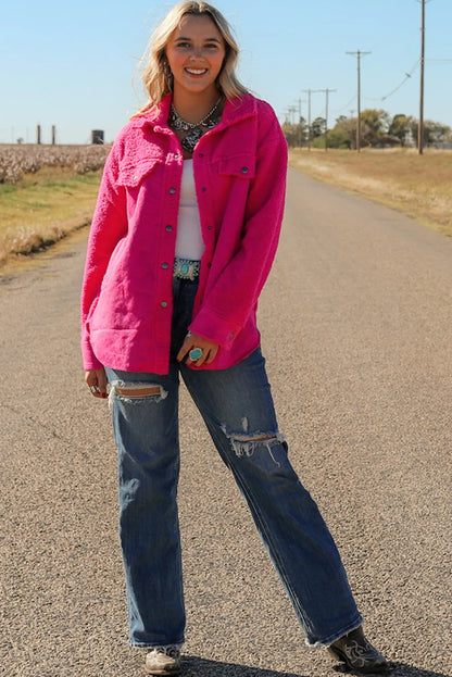 Bright Pink Faux Suede Sherpa Patchwork Button-up Shacket - Chic Meadow Boutique 