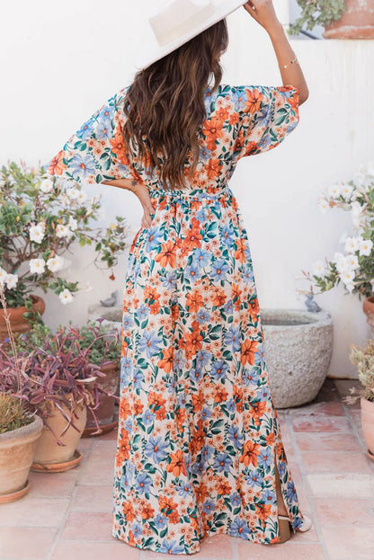 Sky Blue Floral Print Wrap Belted Maxi Dress - Chic Meadow Boutique 