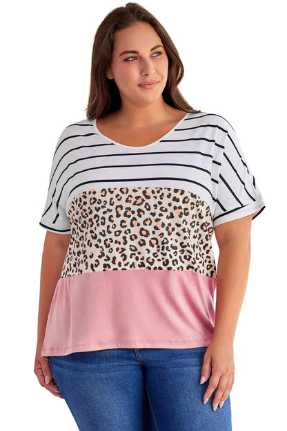 Striped Leopard Color Block Plus Size T-Shirt - Chic Meadow Boutique 