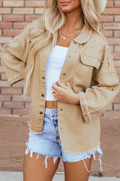 Khaki Pearl Beaded Raw Hem Button Up Denim Jacket - Chic Meadow Boutique 