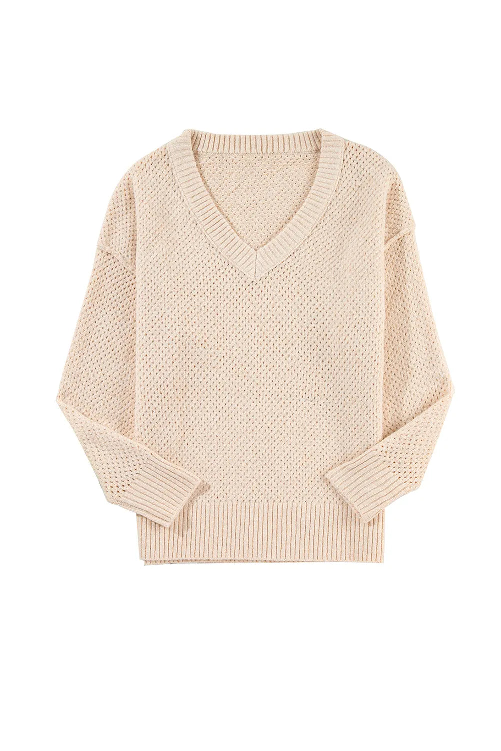 Parchment Loose Eyelet V Neck Drop Shoulder Sweater - Chic Meadow Boutique 