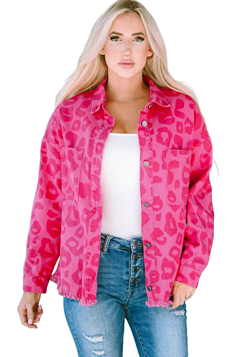 Outerwear/Denim jackets Pink Leopard Print Button Cuffs Raw Hem Jacket