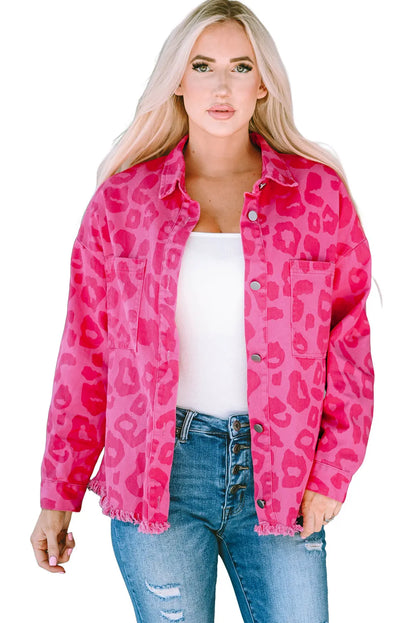 Pink Leopard Print Button Cuffs Raw Hem Jacket - Chic Meadow Boutique 