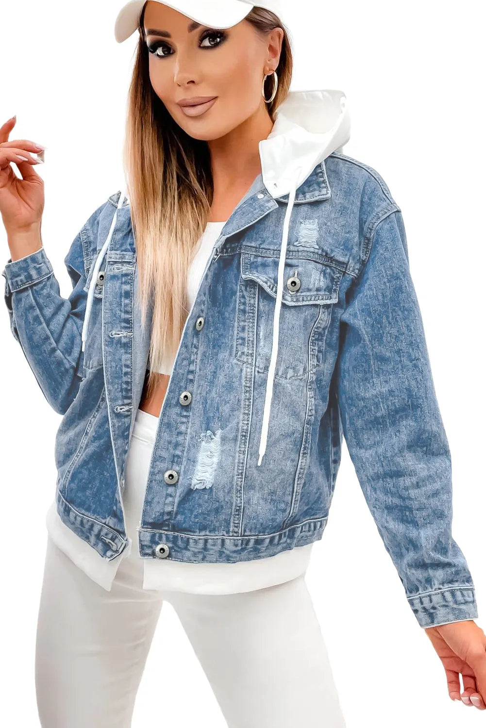 Sky Blue Distressed Contrast Hooded Denim Jacket with Pockets - Chic Meadow Boutique 