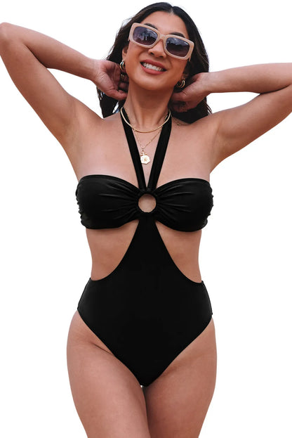 Black Halter O-ring Ruched Bust One Piece Swimsuit - Chic Meadow Boutique 