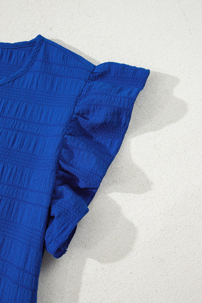 Dark Blue Textured Flutter Sleeve Ruffled Mini Dress
