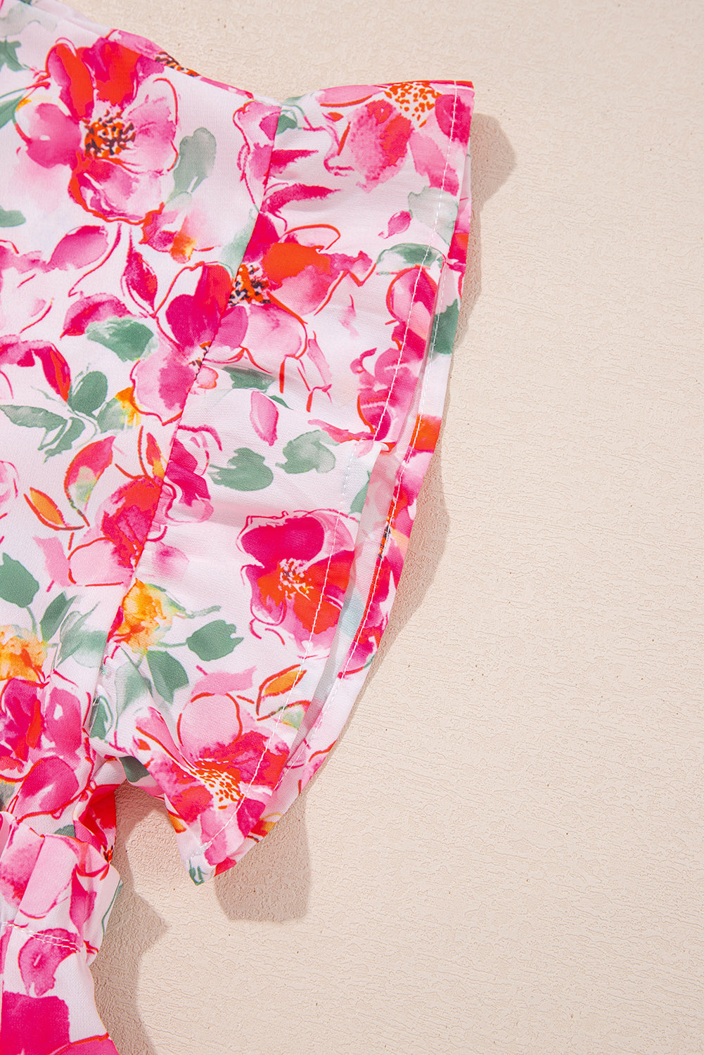 Pink Floral Boxy Fit Ruffled Short Sleeve V Neck Blouse