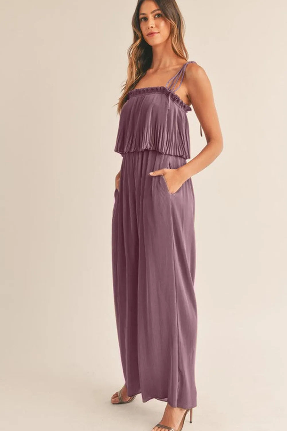 Rose Tan Solid Self Tied Straps Pleated Wide Leg Jumpsuit - Chic Meadow Boutique 