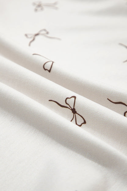 Beige Bow Print Half Zip Tank and Shorts 2pcs Set