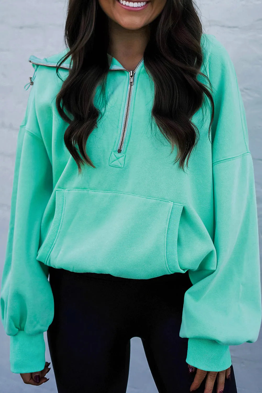 Mint Green Half Zip Kangaroo Pocket Drop Shoulder Hoodie - Chic Meadow Boutique 