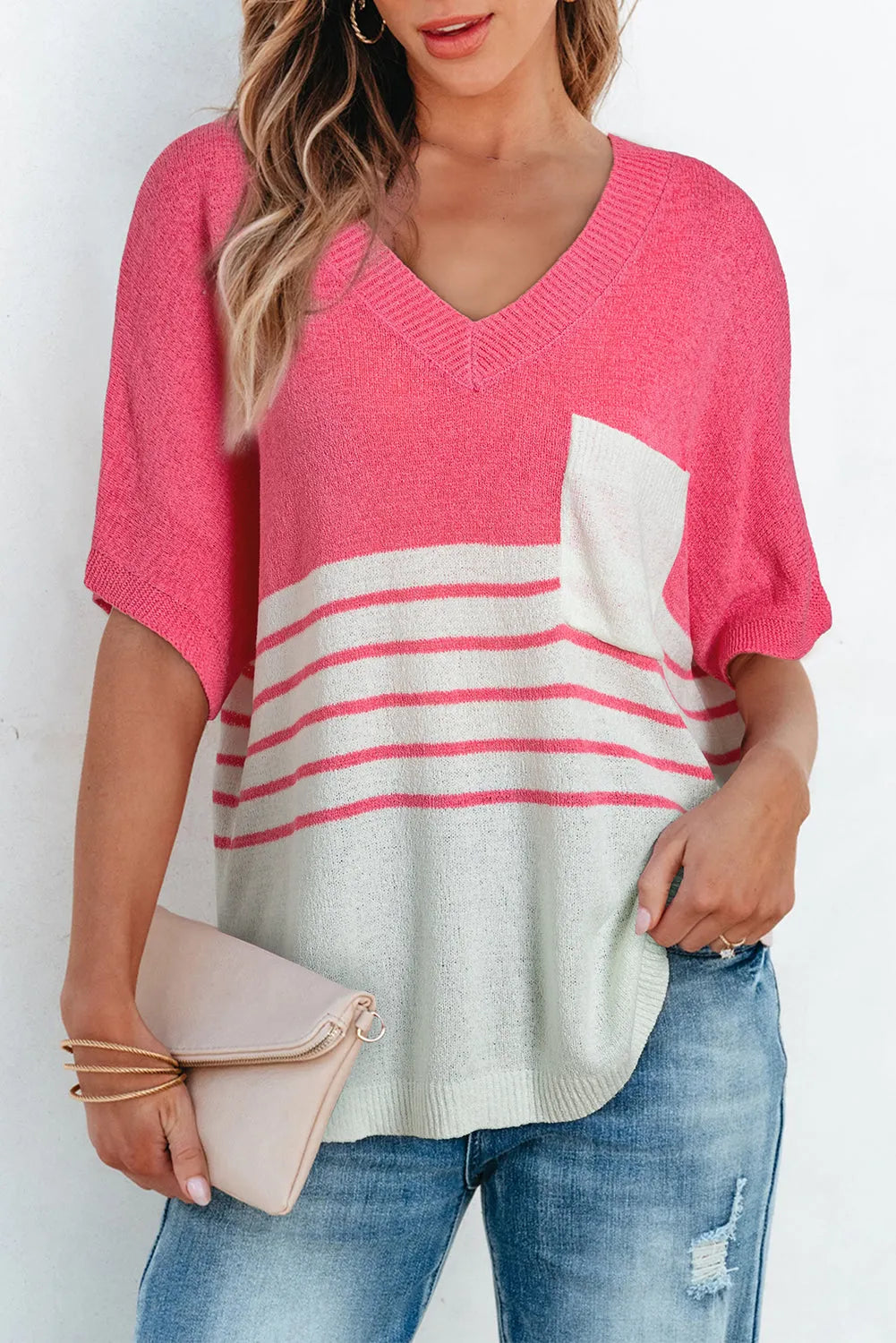 Strawberry Pink Contrast Stripes V Neck Knitted Short Sleeve Top - Chic Meadow Boutique 