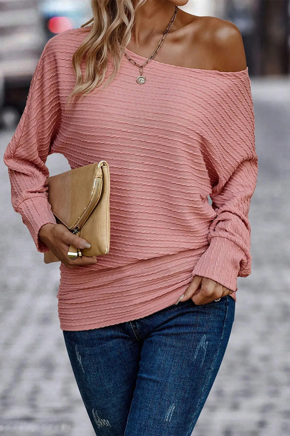 Dusty Pink Textured Knit Long Sleeve Top - Chic Meadow Boutique 