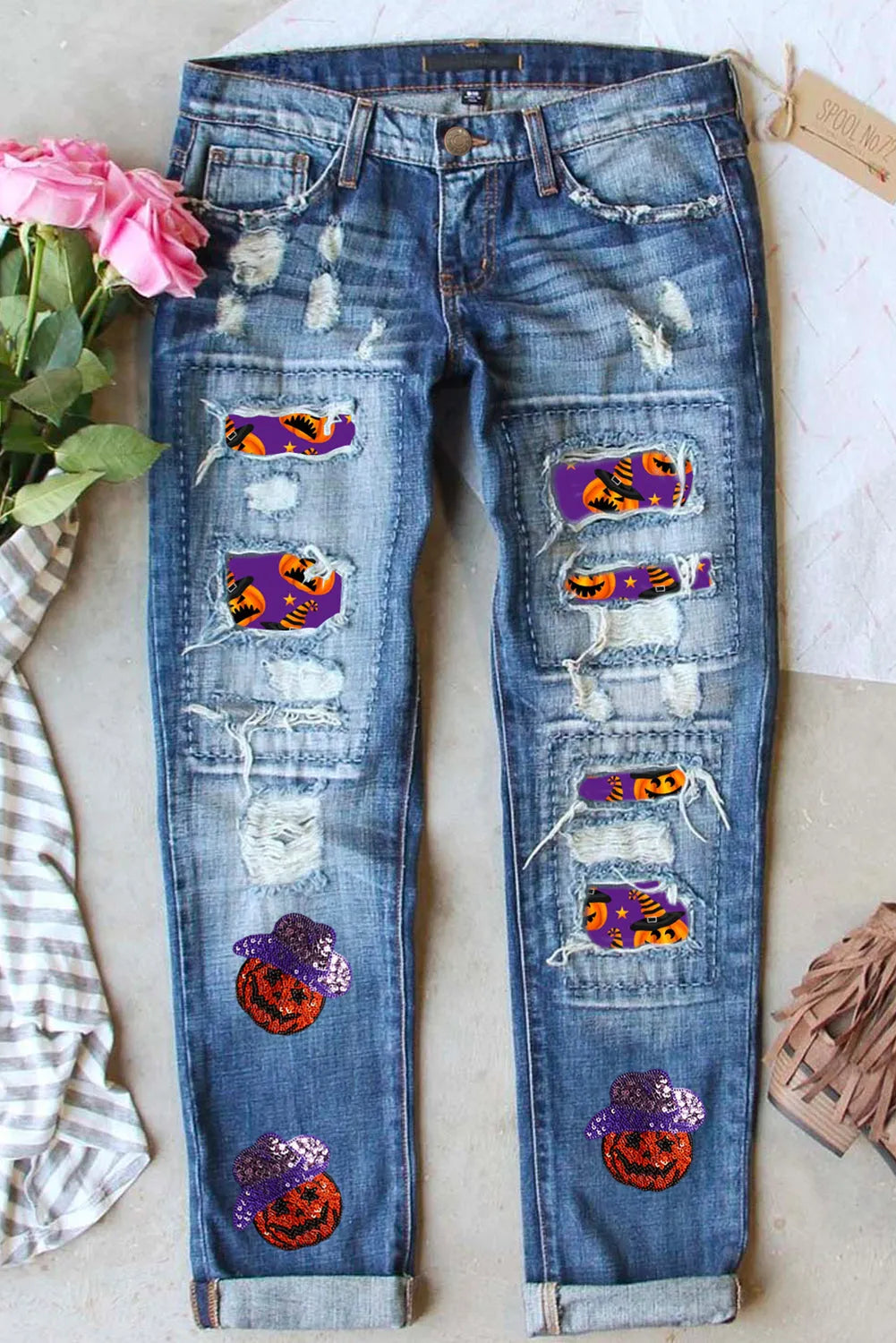 Sky Blue Sequin Pumpkin Patched Distressed Straight Leg Jeans - Chic Meadow Boutique 