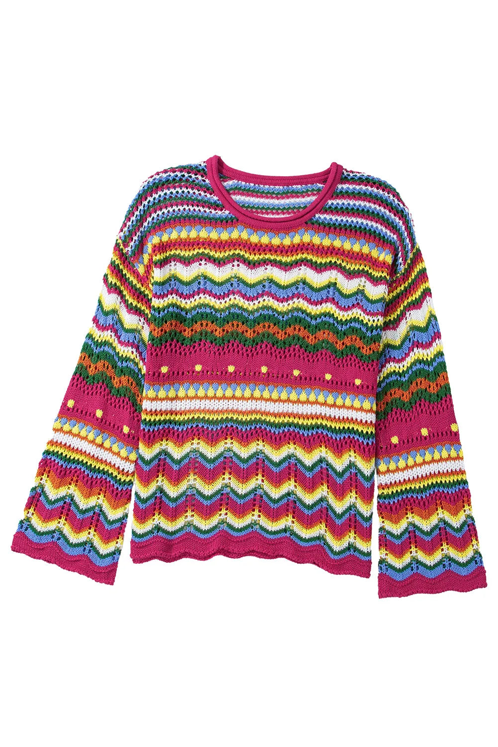 Rose Red Colorblock Striped Hollowed Knit Loose Sleeve Sweater - Chic Meadow Boutique 