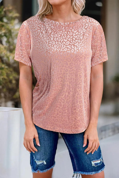 Tops/Tops & Tees Pink Burnout Velvet Leopard Print Short Sleeve Top