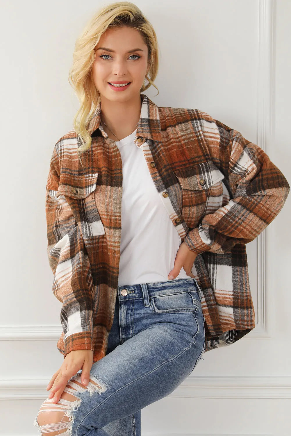 Brown Plaid Flap Pockets Shacket - Chic Meadow Boutique 