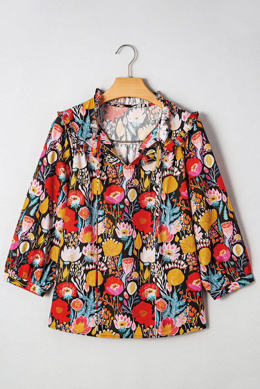 Black Floral 3/4 Puff Sleeve Tied Neck Blouse