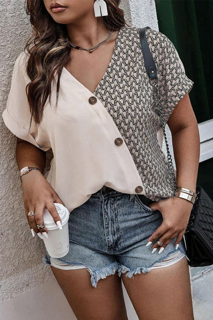 Oatmeal Contrast Geometric Print Patchwork V Neck Short Sleeve Plus Size Top