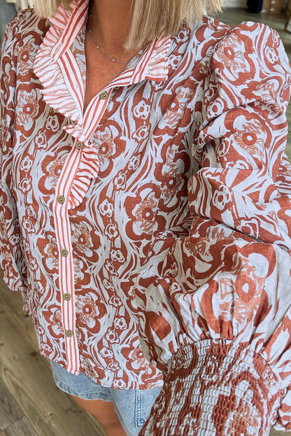 Floral Print Frilled Striped Trim Button Down Smocked Cuffs Long Sleeve Shirt