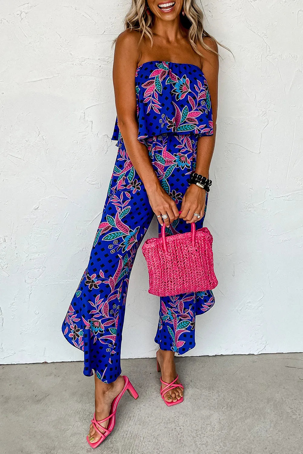 Blue Mix Tropical Print Strapless Ruffled Jumpsuit - Chic Meadow Boutique 