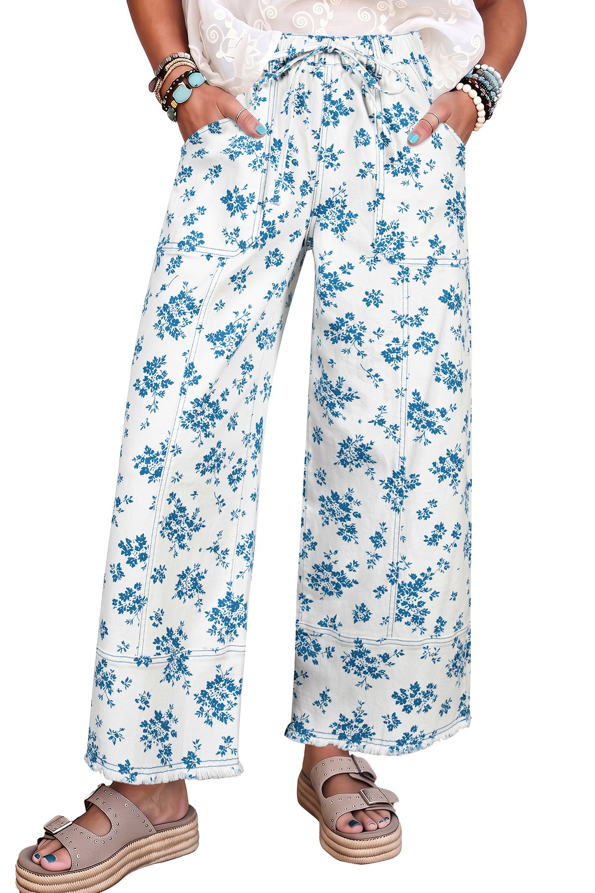 Sky Blue Floral Print Tie Waist Straight Leg Jeans