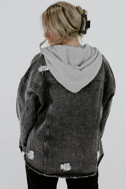 Black Drawstring Hooded Frayed Denim Jacket - Chic Meadow Boutique 