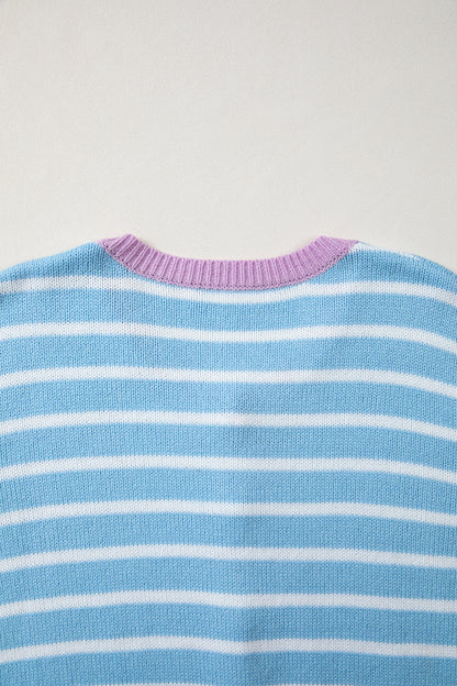 Sky Blue Stripe Striped Long Sleeve Round Neck Casual Open Front Cardigan