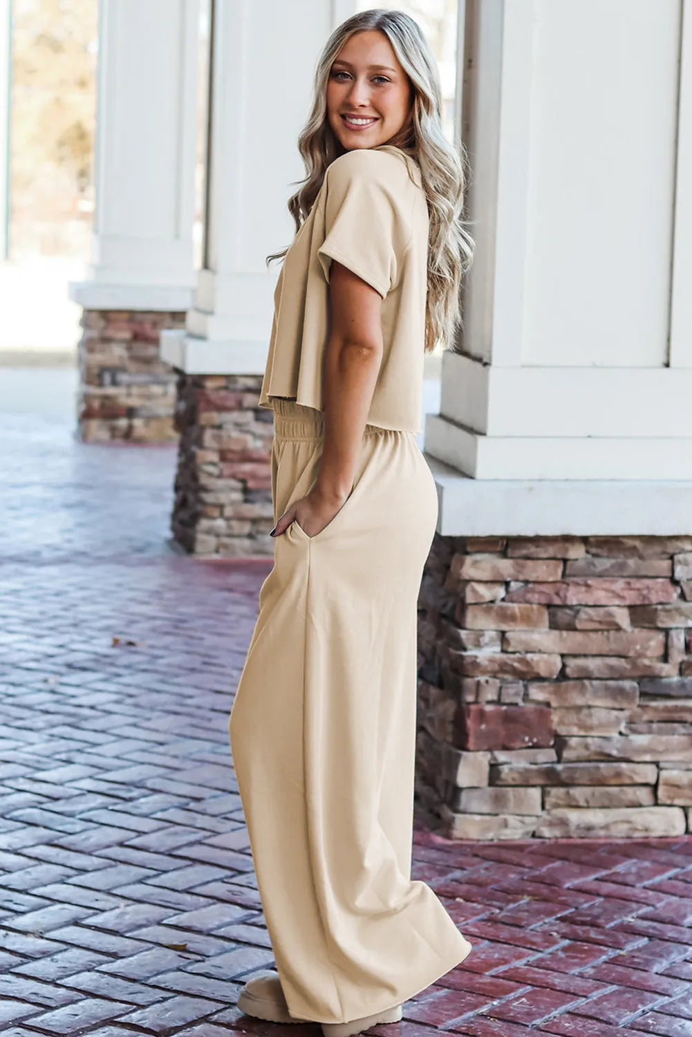 White Raw Hem Loose Tee and Wide Leg Pants Set - Chic Meadow Boutique 