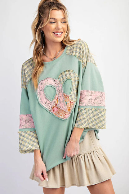 Clearly Aqua Plaid Floral Peace Heart Graphic Wide Long Sleeve Top - Chic Meadow Boutique 