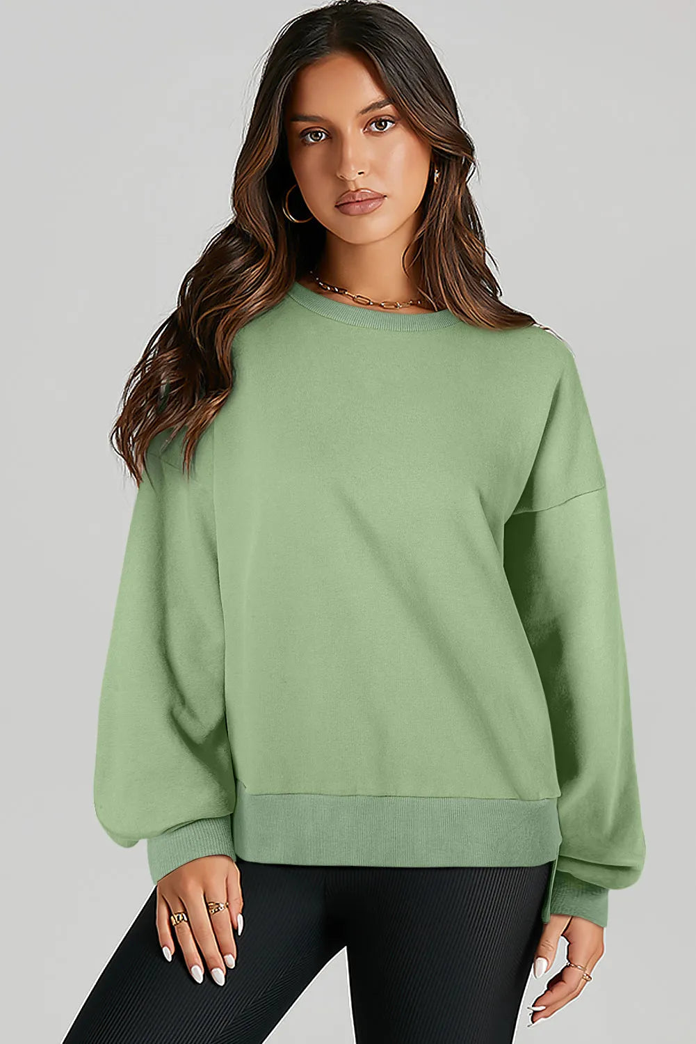 Smoke Green Solid O Neck High Low Hem Pullover Sweatshirt - Chic Meadow Boutique 