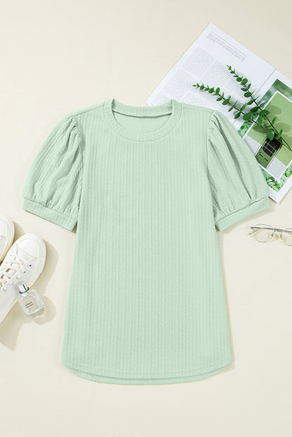 Mist Green Textured Round Neck Short Puff Sleeve Top