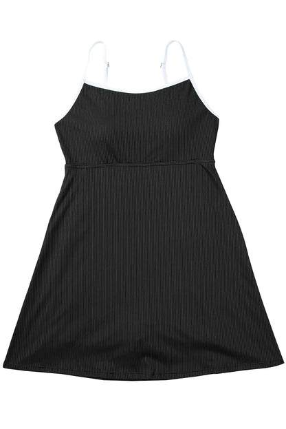 Black Sporty Ribbed Spaghetti Straps One Piece Swimdress - Chic Meadow Boutique 