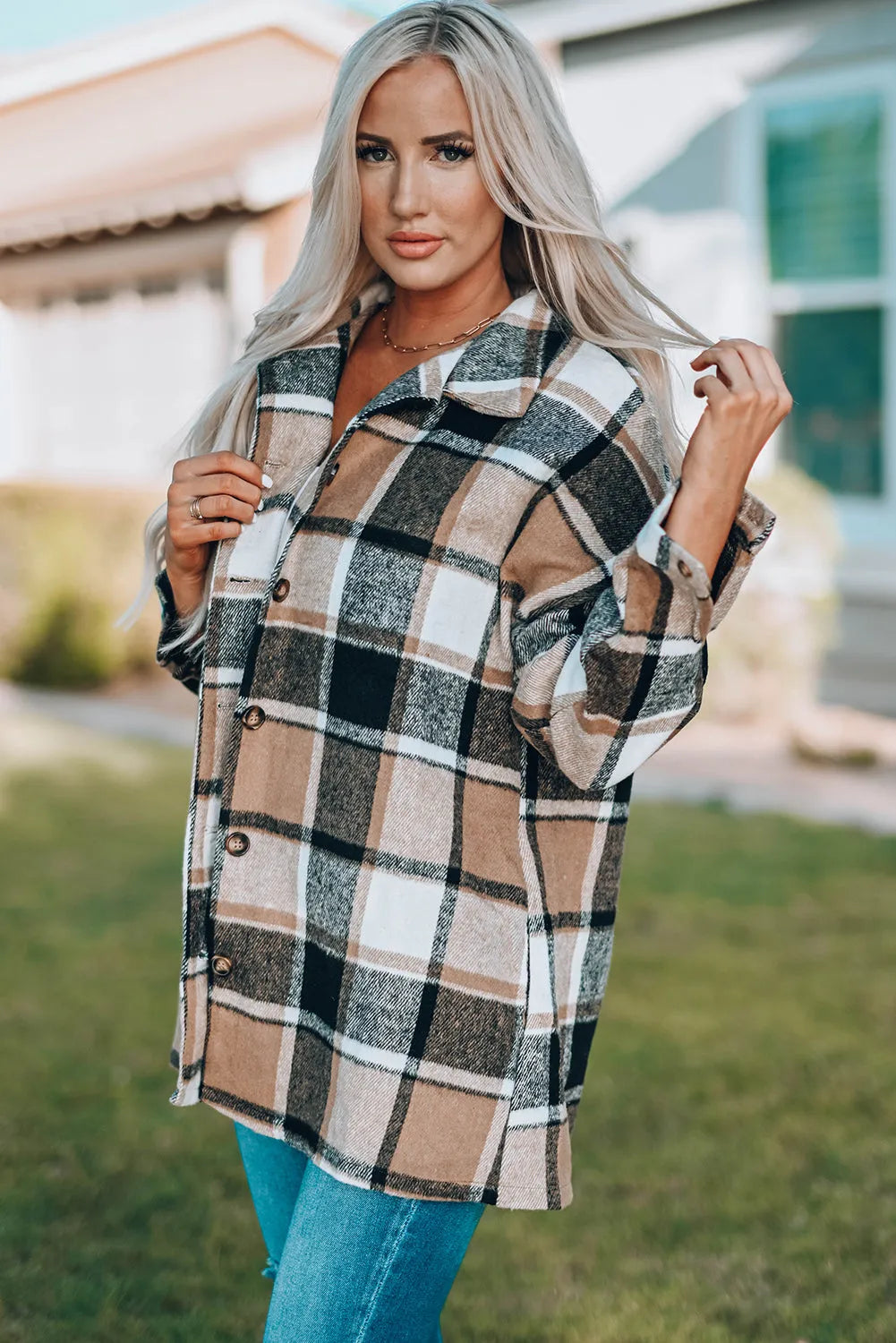 Plaid Print Buttoned Shirt Jacket - Chic Meadow Boutique 