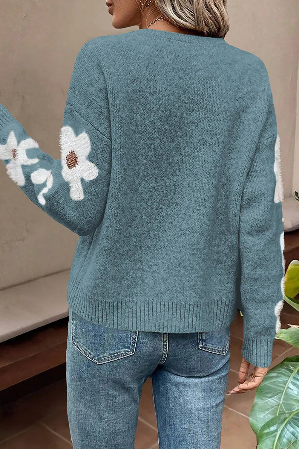 Dusk Blue Flower Sleeve Drop Shoulder Sweater - Chic Meadow Boutique 