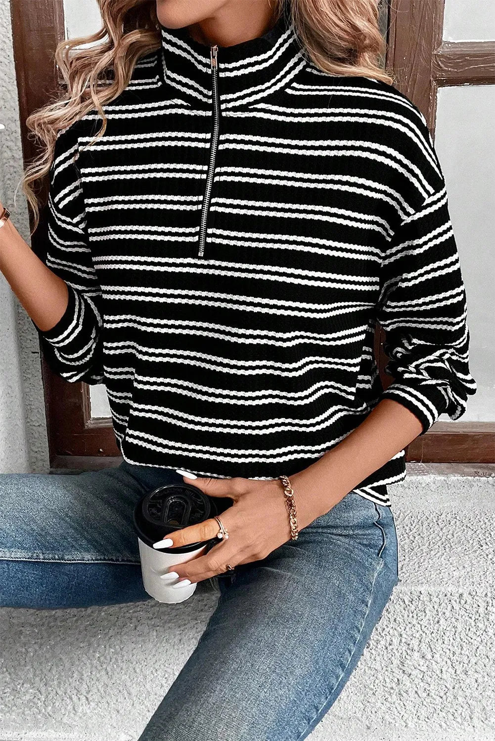 Black Stripe Textured Quarter Zip Collar Long Sleeve Top - Chic Meadow Boutique 