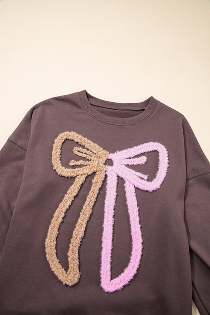 Dark Khaki Contrast Terry Bow Pattern Drop Shoulder Sweatshirt
