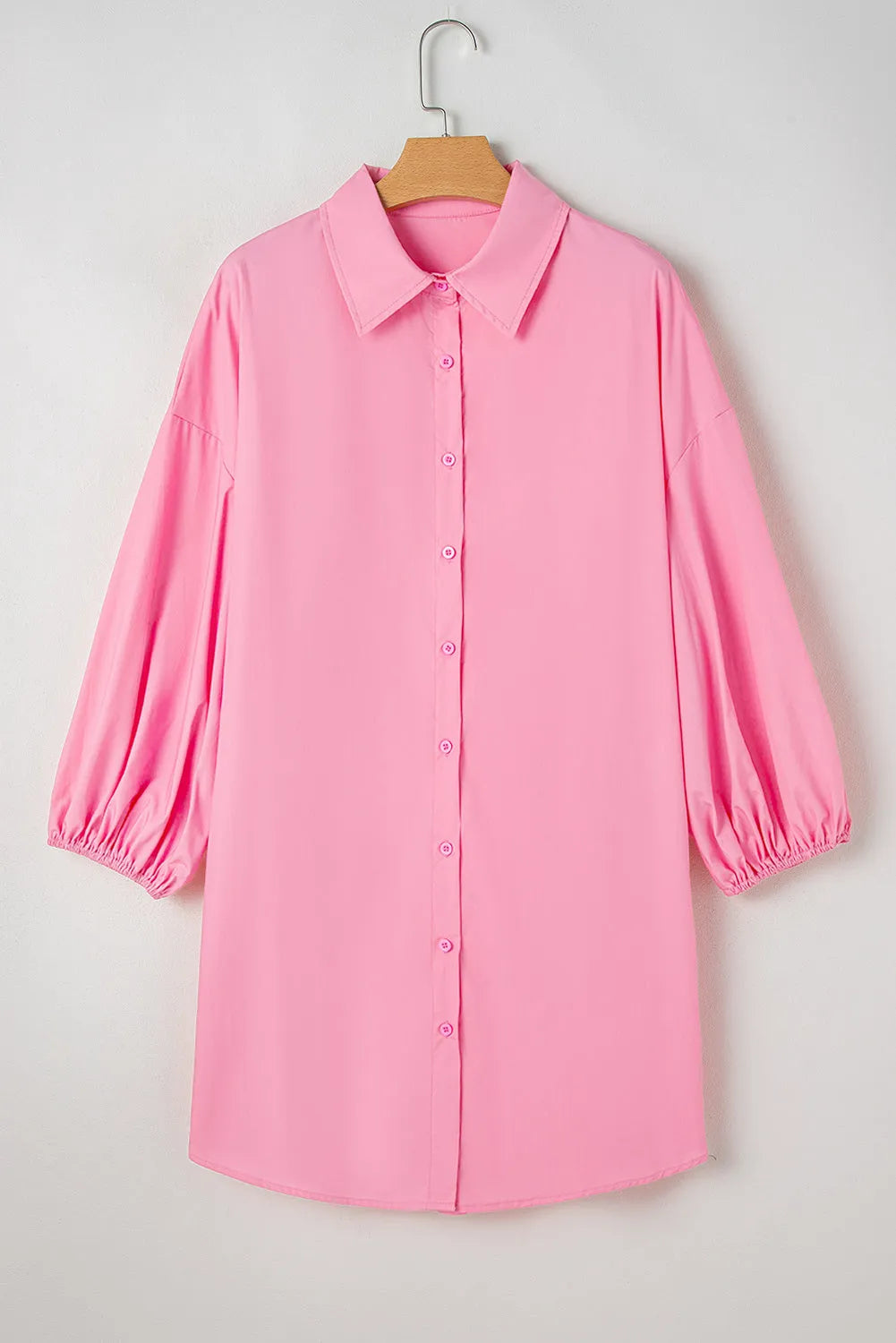 Bright Pink Balloon Sleeve Button Up Mini Shirt Dress - Chic Meadow Boutique 