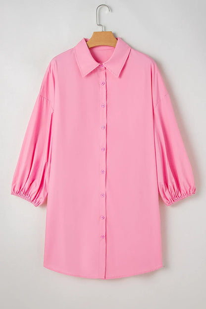 Bright Pink Balloon Sleeve Button Up Mini Shirt Dress - Chic Meadow Boutique 