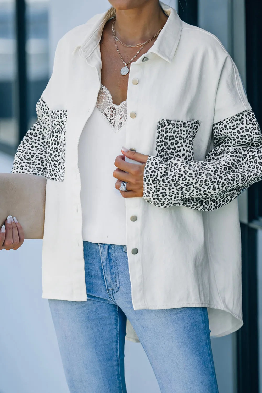 White Contrast Leopard Denim Jacket - Chic Meadow Boutique 