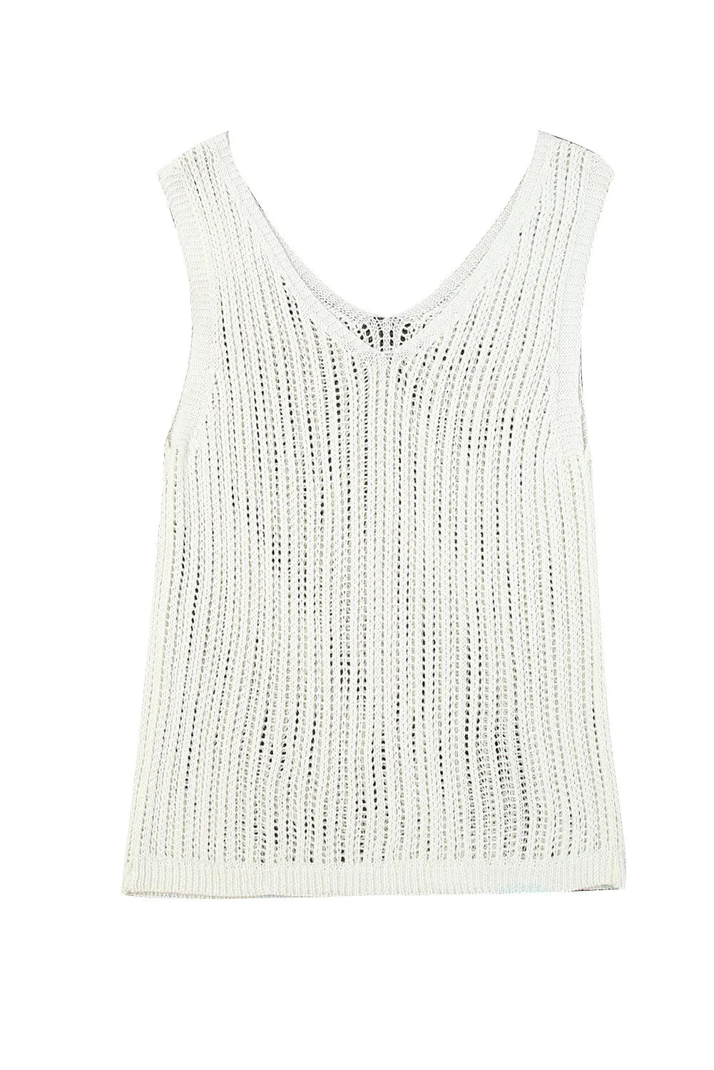 White Hollowed Knit V Neck Tank Top - Chic Meadow Boutique 