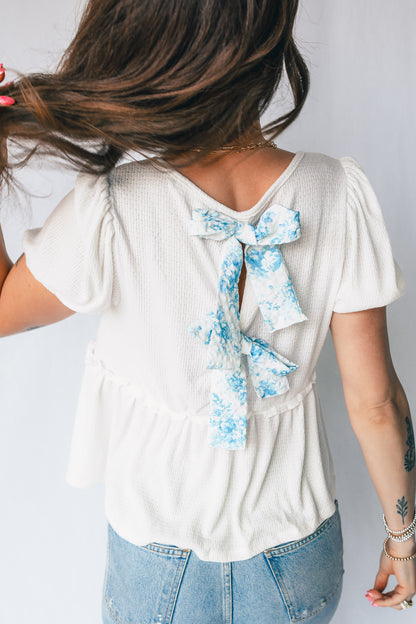 White Textured Knit V Neck Short Bubble Sleeve Peplum Top