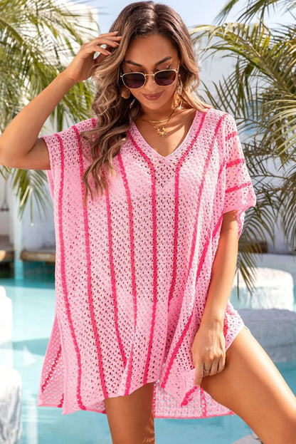 Pink Striped Crochet Loose Fit V Neck Beach Cover Up - Chic Meadow Boutique 