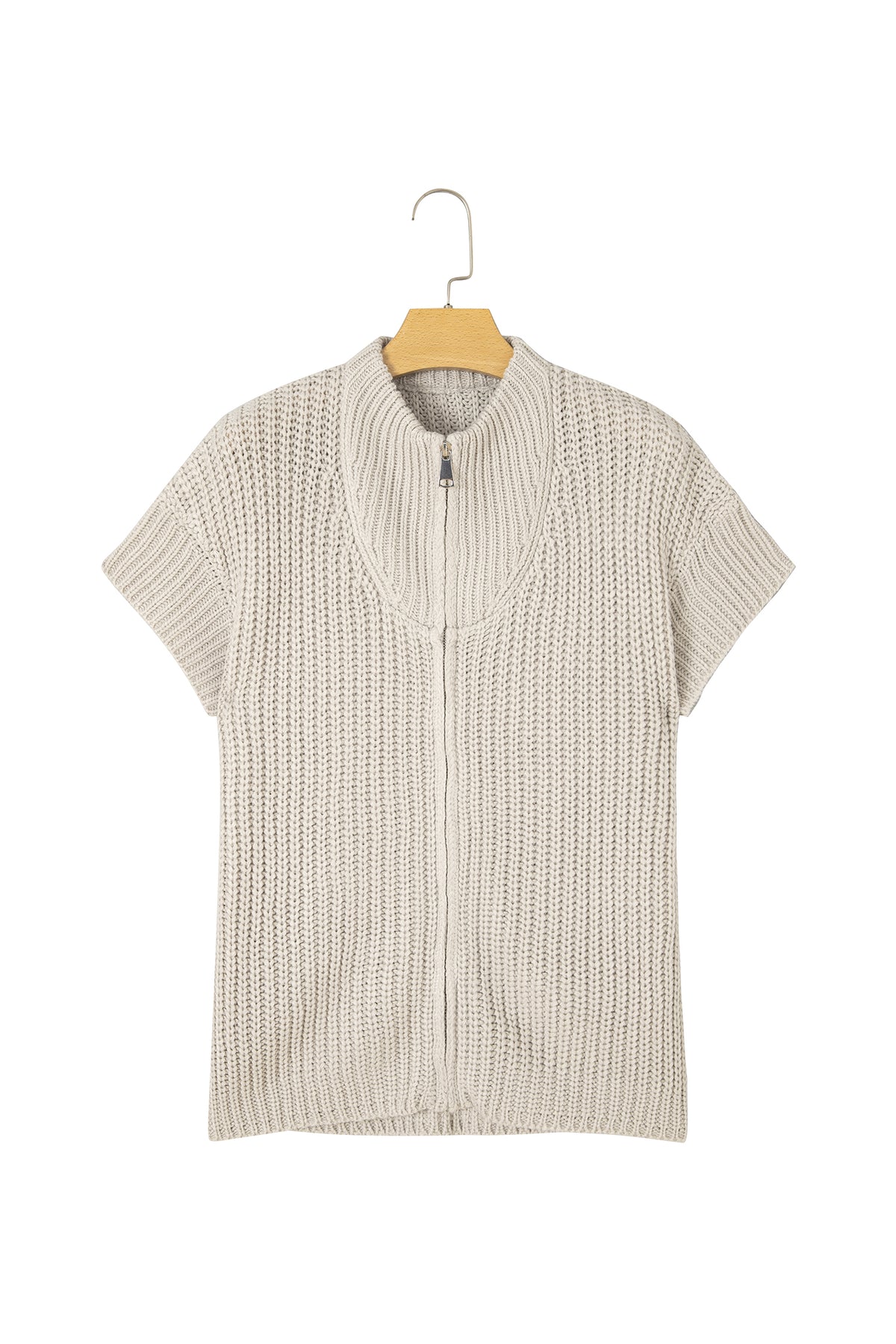 Jet Stream Solid Color Short Sleeve Zipper Knit High Neck Sweater