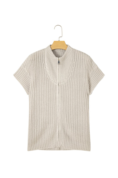Jet Stream Solid Color Short Sleeve Zipper Knit High Neck Sweater