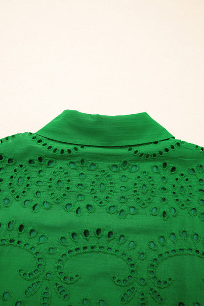 Green Solid Color Eyelet Embroidered T Shirt Mini Dress