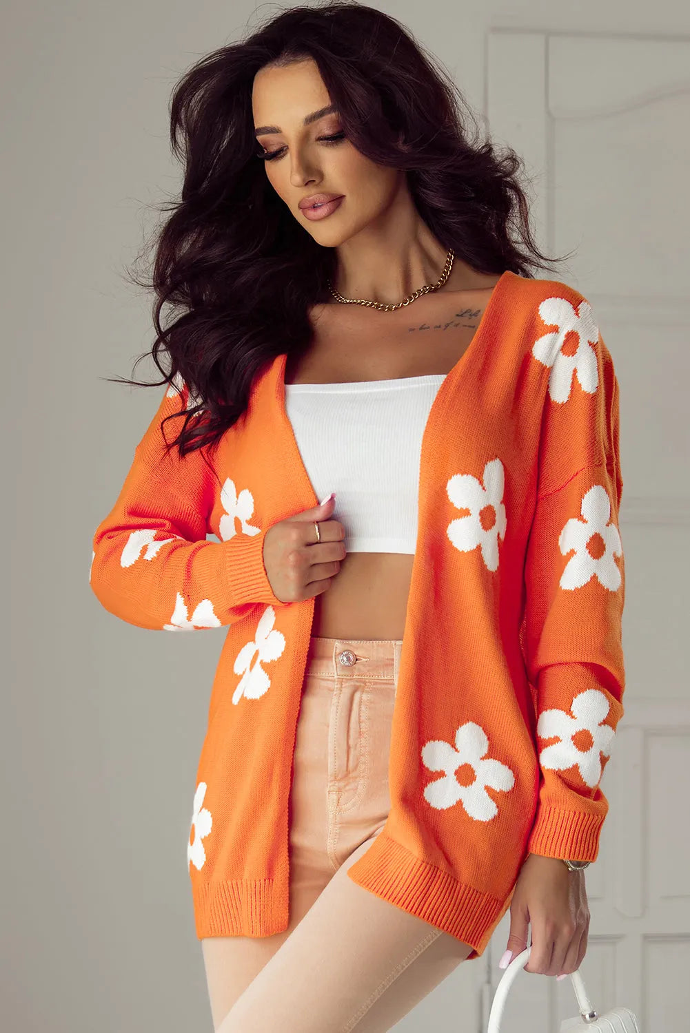 Orange Floral Print Knitted Open Front Loose Cardigan - Chic Meadow Boutique 