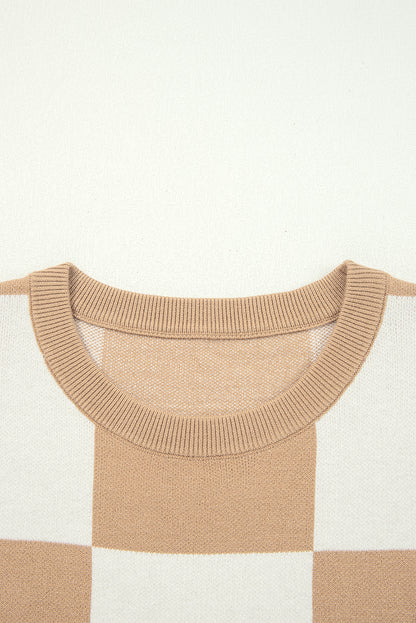 Light French Beige Checkered Pattern Loose Drop Shoulder Half Sleeve Sweater