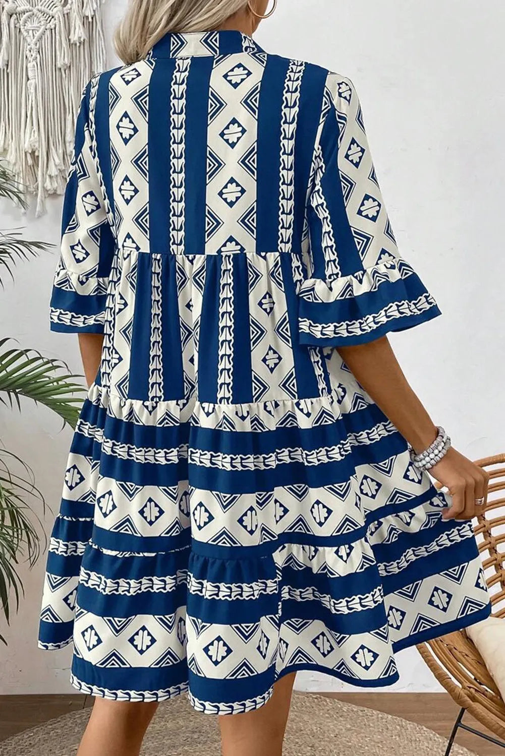 Blue Geometric Print V Neck Ruffled Dress - Chic Meadow Boutique 