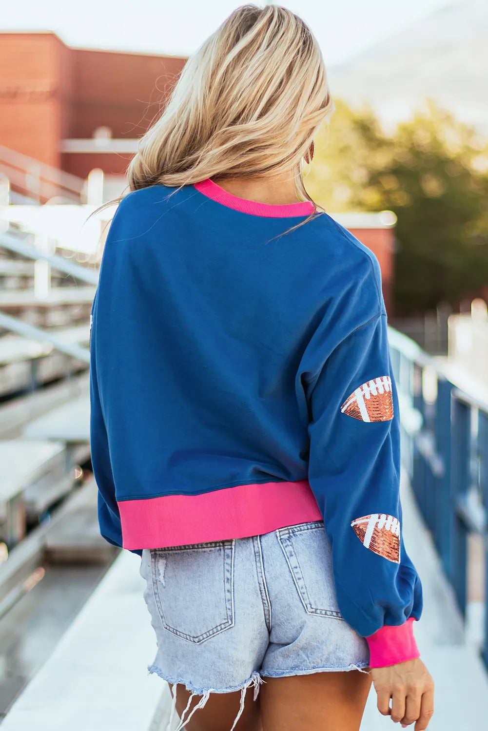 Blue Sequin Rugby Color Block Bubble Sleeve Sweatshirt - Chic Meadow Boutique 