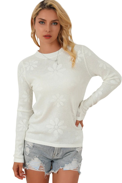 White Flower Knit Long Sleeve Sweater - Chic Meadow Boutique 